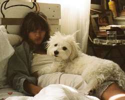 Camille is accompanied by a cute dog in her home.